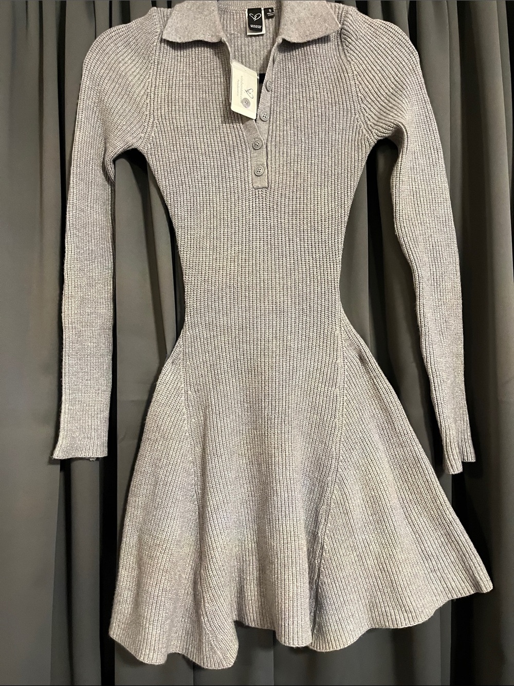 Windsor Gray Ribbed Collared Long-Sleeve Fit & Flare Dress